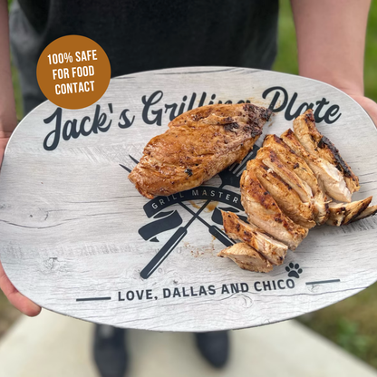 Grilled chicken on a 'Jack's Grilling Plate' with custom text.