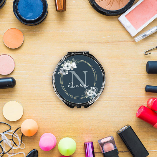 Green Floral Initial Compact Mirror