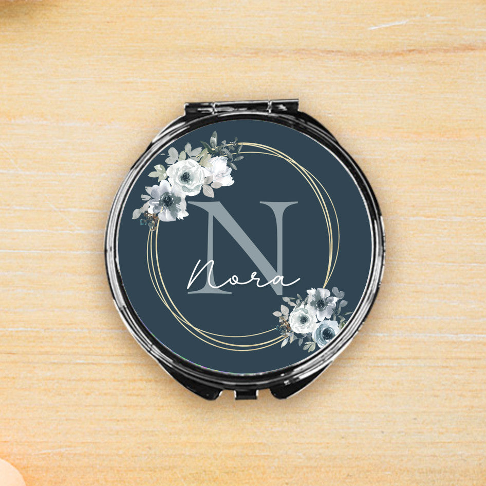 Green Floral Initial Compact Mirror
